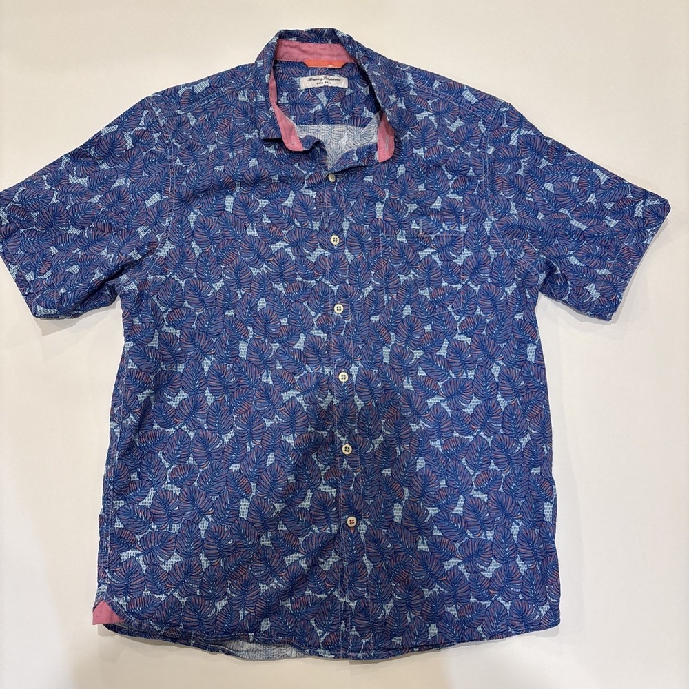 Tommy Bahama Men's Nova Wave Blue Size L Short Sleeve Leaf Motif Shirt Summer